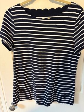 Talbots Navy & White Striped Scallop Neck Short Sleeve Tee